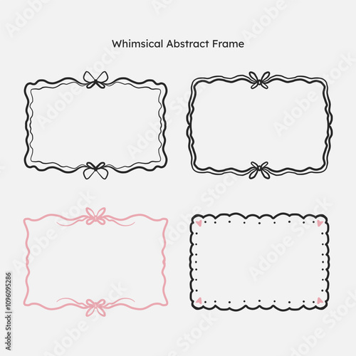whimsical border frame set. hand drawn scribble line, ribbon bow frame for invitation, valentine or christmas design.