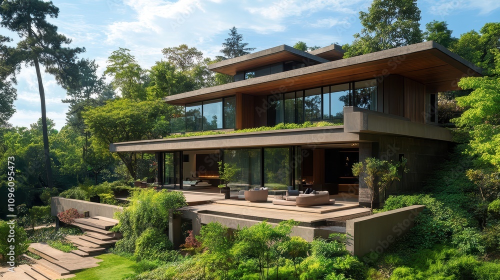 Modern House nestled in Lush Greenery: Architectural Design showcasing Expansive Windows and Outdoor Terrace with integrated Landscaping. Modern House nestled in Lush Greenery: Architectural Design showcasing Expansive Windows and Outdoor Terrace with integrated Landscaping.