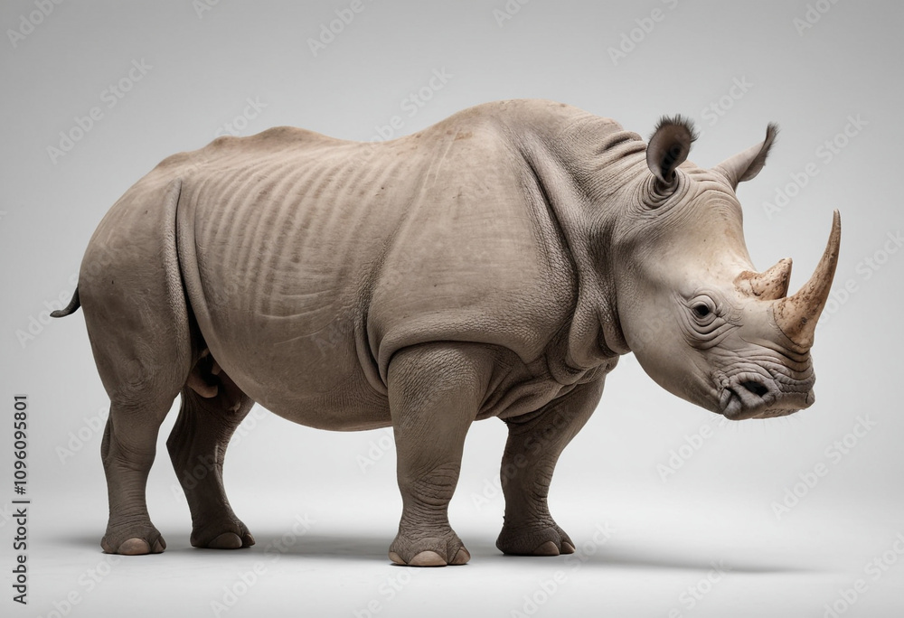 Fototapeta premium standard Rhinoceros right side view. Full figure visible, flat white background, no shadows, head and legs visible, ultra detailed, photorealistic 400mm lens, low angle 
