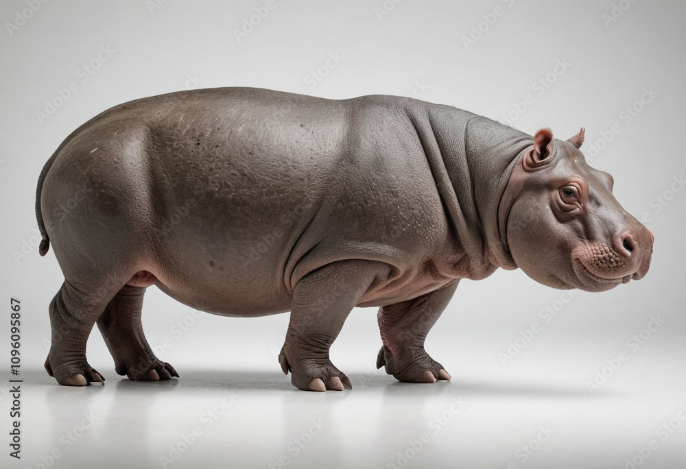 standard Hippopotamus right side view. Full figure visible, flat white background, no shadows, head and legs visible, ultra detailed, photorealistic 400mm lens, low angle standard Hippopotamus right side view. Full figure visible, flat white background, no shadows, head and legs visible, ultra detailed, photorealistic 400mm lens, low angle