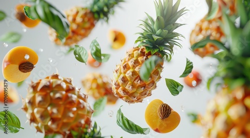 pineapples and basil floating in the air, close up, white background, vibrant colors, food photography