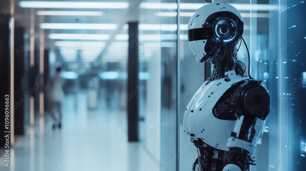 A humanoid robot, featuring sleek design and illuminated components, stands in a contemporary corridor. The setting is enhanced by digital displays, reflecting advanced technology A humanoid robot, featuring sleek design and illuminated components, stands in a contemporary corridor. The setting is enhanced by digital displays, reflecting advanced technology