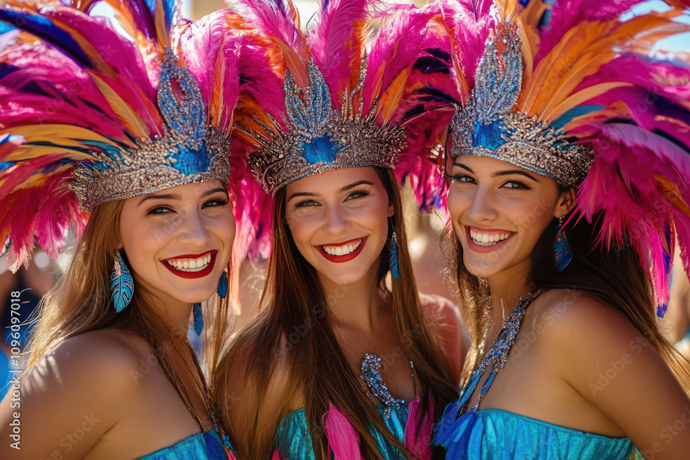 Three beautiful women in elaborate Carnival costumes, adorned with colorful feathers and sparkling headpieces. Three beautiful women in elaborate Carnival costumes, adorned with colorful feathers and sparkling headpieces.