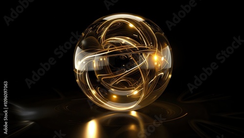 Spiral light, glowing golden ball on black background, illuminated sphere with energy flowing in a spiral shape