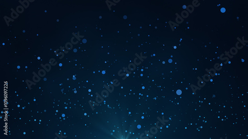 Blue bokeh particles floating in the air on a dark background, horizontal composition. Light rays at the bottom.