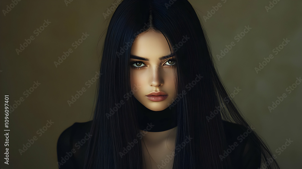 Portrait of a Woman with Long Black Hair and Green Eyes Looking at the Camera with a Serious Expression Portrait of a Woman with Long Black Hair and Green Eyes Looking at the Camera with a Serious Expression