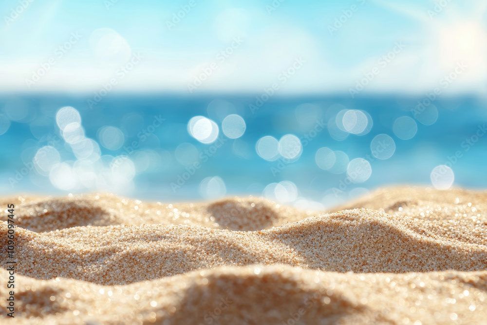Close-up of golden sand with a blurred background of sparkling turquoise ocean water, evoking a serene and idyllic summer beach scene. Close-up of golden sand with a blurred background of sparkling turquoise ocean water, evoking a serene and idyllic summer beach scene.