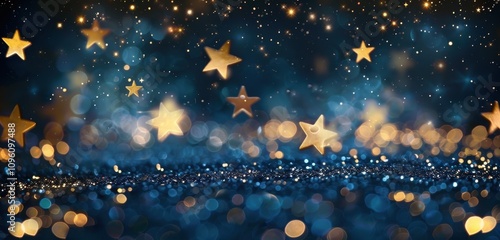 The background is dark blue, with golden stars and gold glitter scattered on it