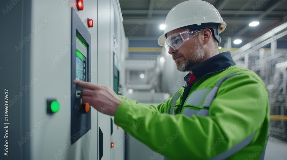 A worker in safety gear operates an industrial control panel, ensuring proper functioning in a manufacturing environment. A worker in safety gear operates an industrial control panel, ensuring proper functioning in a manufacturing environment.
