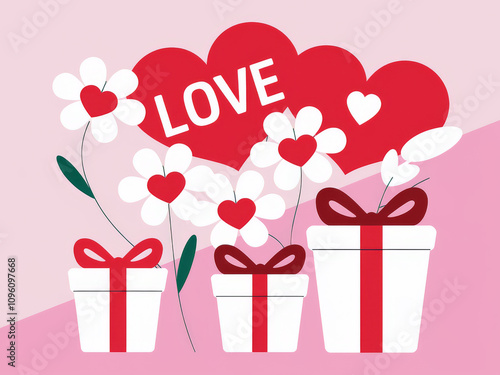 Romantic gift boxes and heart motif with floral elements on pink background photo