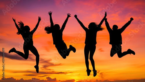 Group of people jumping in the air at sunset.