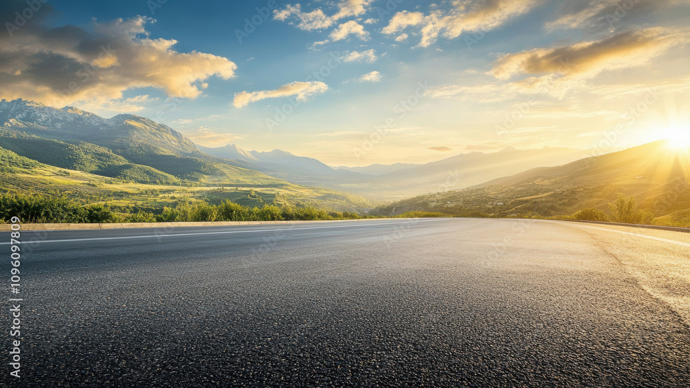 A long, straight road leading towards a mountain range at sunset. A long, straight road leading towards a mountain range at sunset.