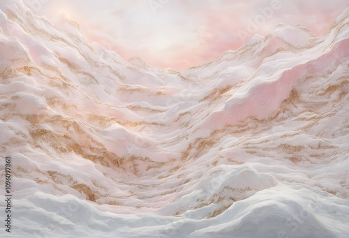 Ethereal icy texture with pastel pink and gold accents inspired by a winter sunrise, AI Generated