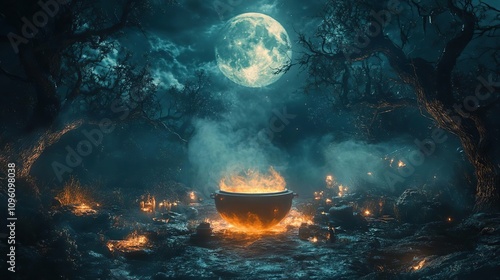 a cauld in the middle of a forest with a full moon in the background