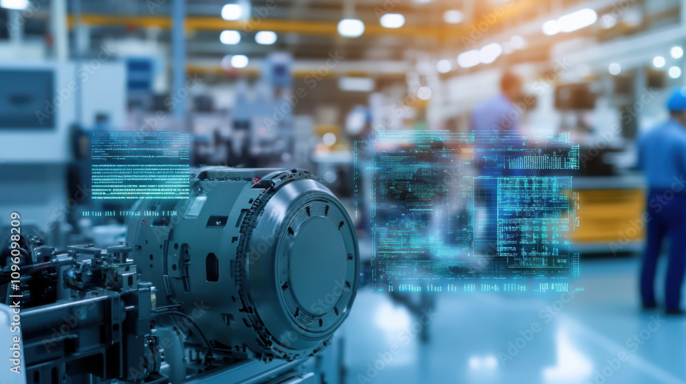Fototapeta premium A futuristic manufacturing scene showcasing advanced machinery with digital data overlays in a factory setting.