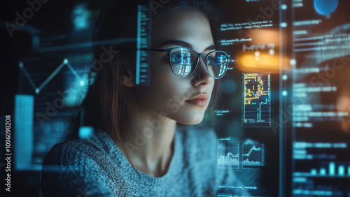 A female programmer is working on the screen, surrounded by code and graphs.