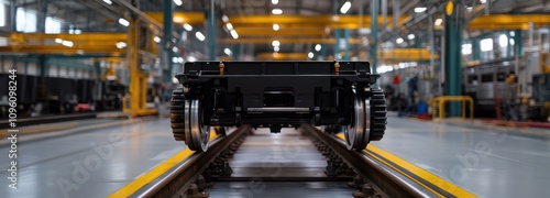 A close-up view of a train car's wheels on rails within a spacious industrial facility featuring overhead cranes and bright lighting.