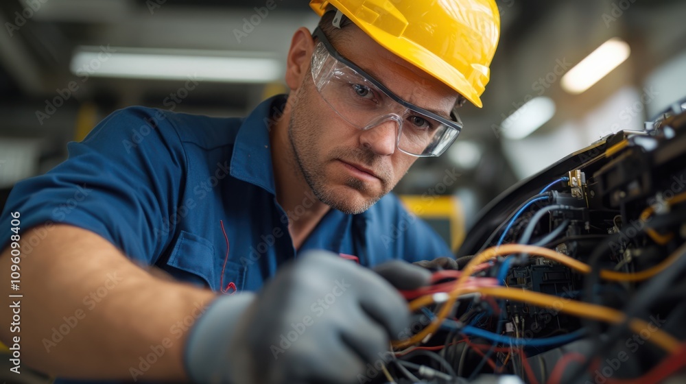 A focused technician in safety gear works on complex wiring, demonstrating precision and expertise in an industrial setting. A focused technician in safety gear works on complex wiring, demonstrating precision and expertise in an industrial setting.