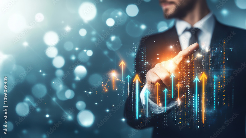 Obraz premium Man in a suit pointing at a graph on a screen.