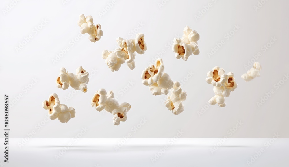 Fototapeta premium Falling popcorn on a white background. The popcorn texture is flying and falling. National popcorn day