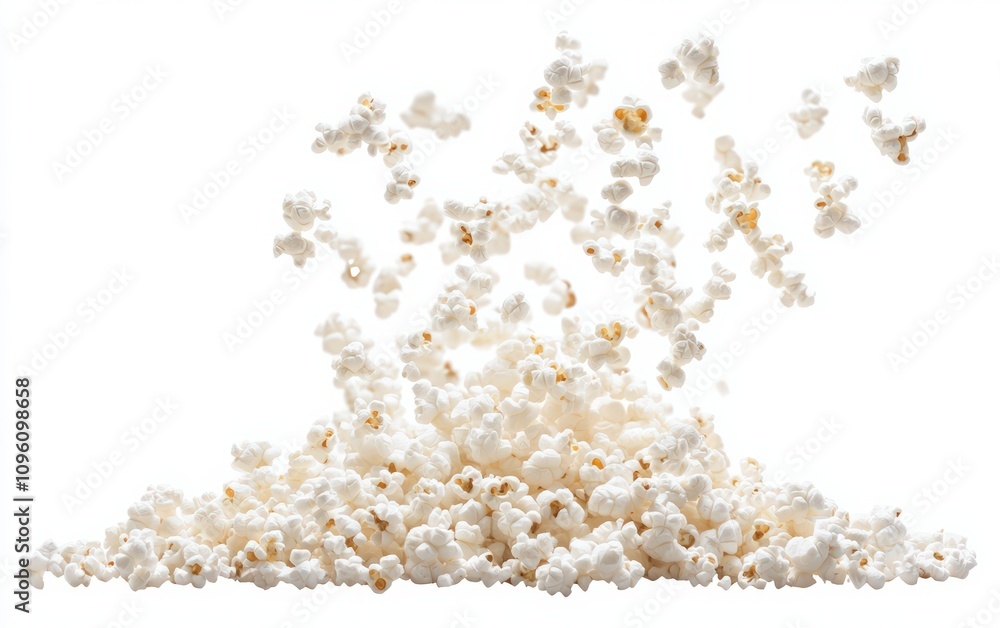 Falling popcorn on a white background. The popcorn texture is flying and falling. National popcorn day Falling popcorn on a white background. The popcorn texture is flying and falling. National popcorn day