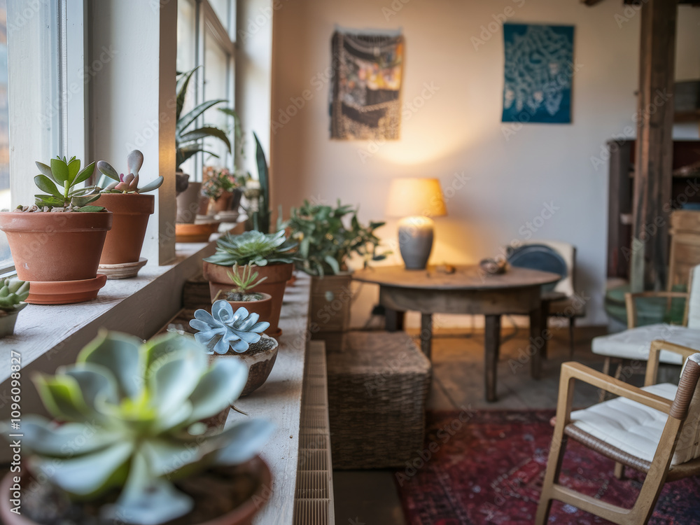 Cozy living room with succulents on windowsill and warm ambient lighting Cozy living room with succulents on windowsill and warm ambient lighting
