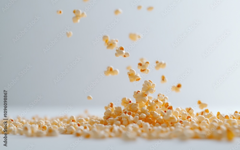 Falling popcorn on a white background. The popcorn texture is flying and falling. National popcorn day Falling popcorn on a white background. The popcorn texture is flying and falling. National popcorn day