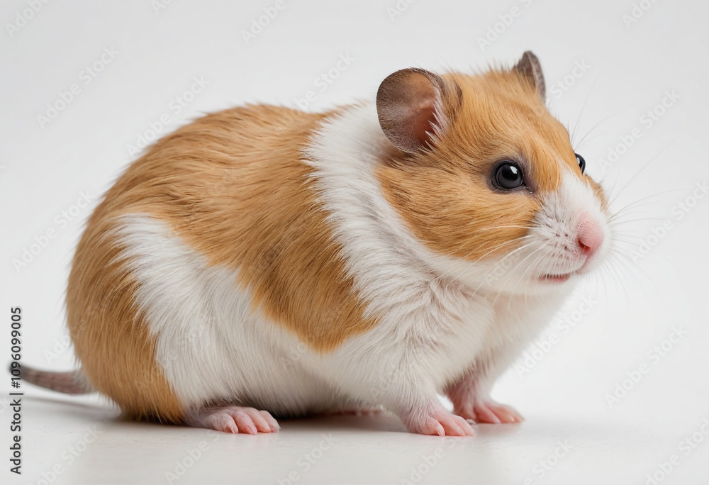 standard Hamster right side view. Full figure visible, flat white background, no shadows, head and legs visible, ultra detailed, photorealistic 400mm lens, low angle standard Hamster right side view. Full figure visible, flat white background, no shadows, head and legs visible, ultra detailed, photorealistic 400mm lens, low angle
