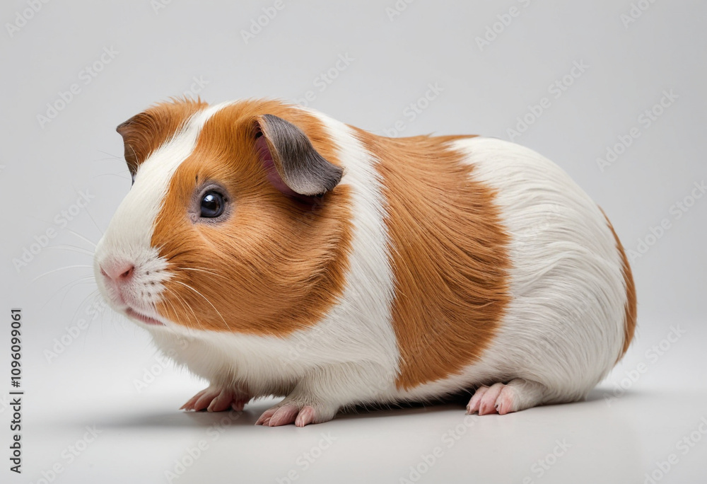 standard Guinea Pig right side view. Full figure visible, flat white background, no shadows, head and legs visible, ultra detailed, photorealistic 400mm lens, low angle standard Guinea Pig right side view. Full figure visible, flat white background, no shadows, head and legs visible, ultra detailed, photorealistic 400mm lens, low angle