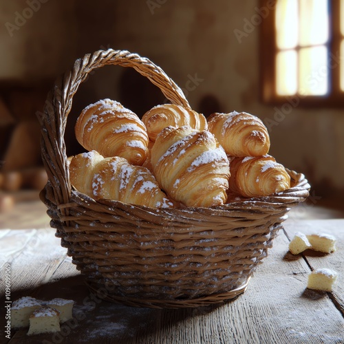 Freshly baked croissants in a rustic basket on a wooden table. photo