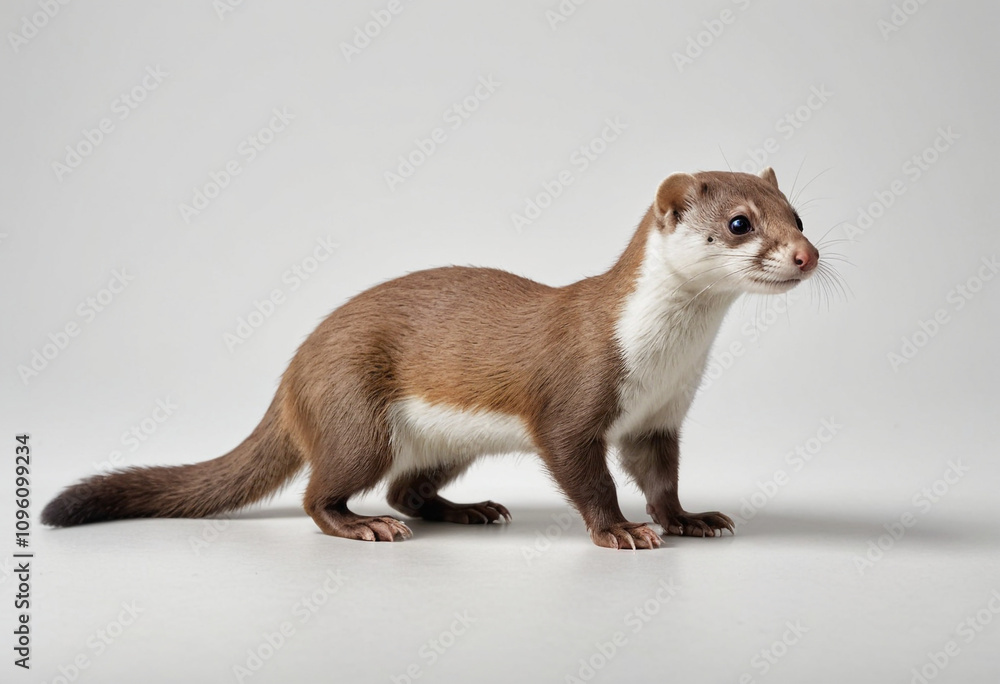 standard Weasel right side view. Full figure visible, flat white background, no shadows, head and legs visible, ultra detailed, photorealistic 400mm lens, low angle standard Weasel right side view. Full figure visible, flat white background, no shadows, head and legs visible, ultra detailed, photorealistic 400mm lens, low angle