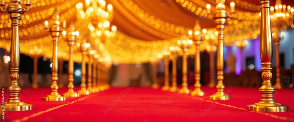 Obraz premium Red carpet, night event with blurred lights and peoples crowd