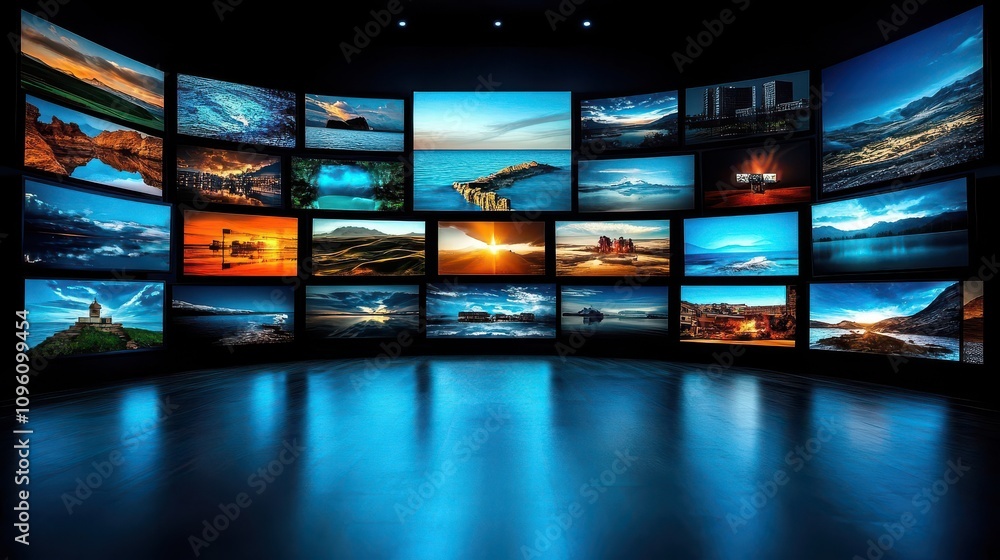 Curved Screens Showcase Diverse Landscapes: A Stunning 3D Digital Art Display of Breathtaking Scenery, Vivid Colors, and Panoramic Views Curved Screens Showcase Diverse Landscapes: A Stunning 3D Digital Art Display of Breathtaking Scenery, Vivid Colors, and Panoramic Views