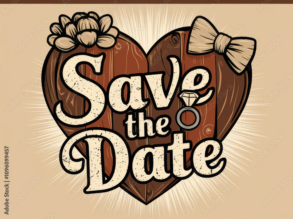 Fototapeta premium Rustic save the date heart design with ring, flowers, and bow