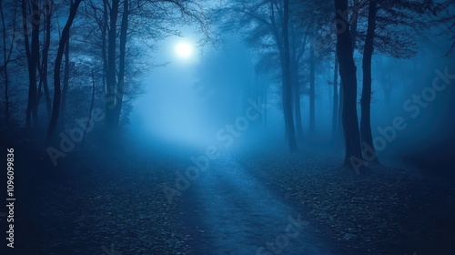 Mystical Blue Forest Path: A Foggy Night Scene with Moonlit Trees and a Serene Atmosphere, Ideal for Fantasy or Halloween Backgrounds photo