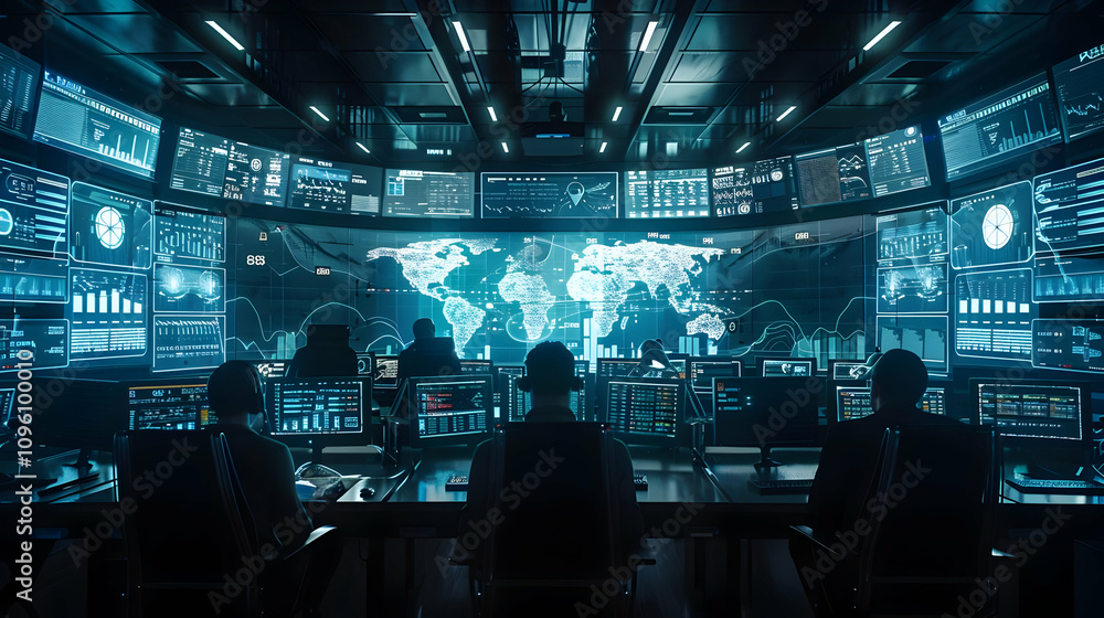 Digital Command Center: Operators Monitor Global Data Streams on Multiple Screens in a Futuristic Setting Digital Command Center: Operators Monitor Global Data Streams on Multiple Screens in a Futuristic Setting