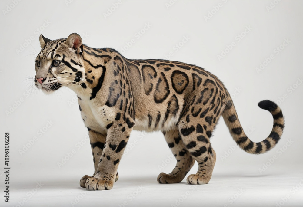 Obraz premium standard Clouded Leopard right side view. Full figure visible, flat white background, no shadows, head and legs visible, ultra detailed, photorealistic 400mm lens, low angle