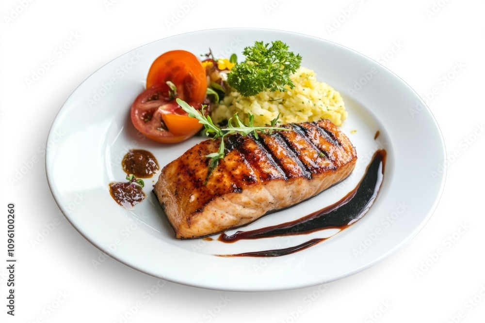 Delicious grilled salmon on a plate. It is served with fresh vegetables and a light sauce. This dish is perfect for healthy eating. Generative AI Delicious grilled salmon on a plate. It is served with fresh vegetables and a light sauce. This dish is perfect for healthy eating. Generative AI