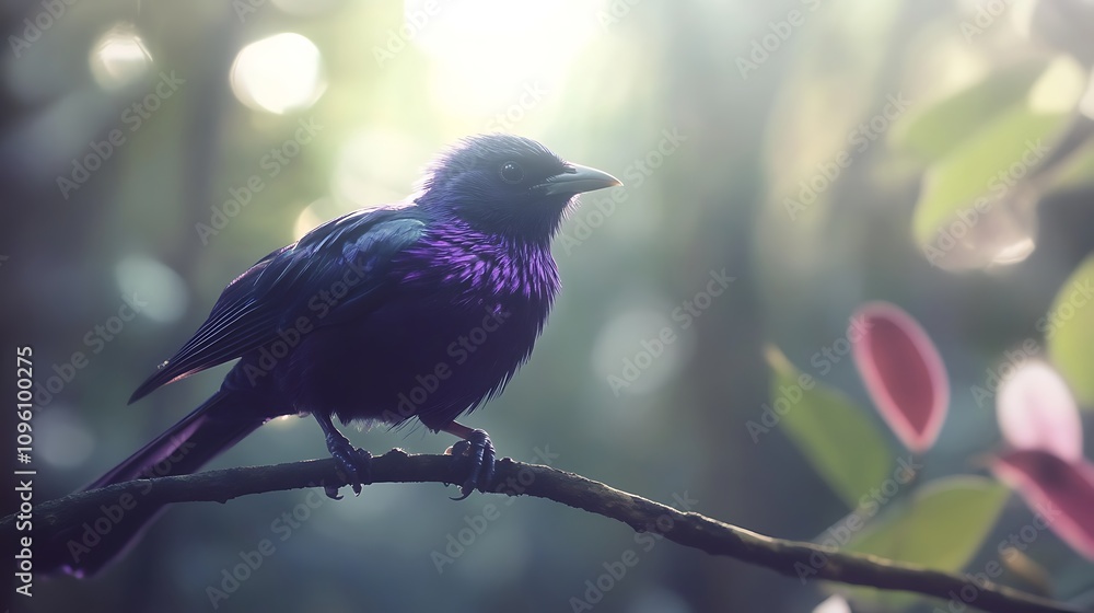 A vibrant purple bird perched on a branch, surrounded by a softly lit, natural background. A vibrant purple bird perched on a branch, surrounded by a softly lit, natural background.