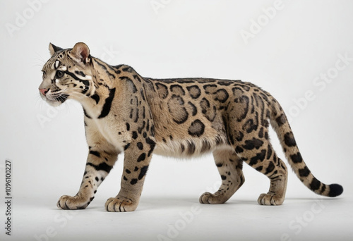  standard Clouded Leopard right side view. Full figure visible, flat white background, no shadows, head and legs visible, ultra detailed, photorealistic 400mm lens, low angle  photo