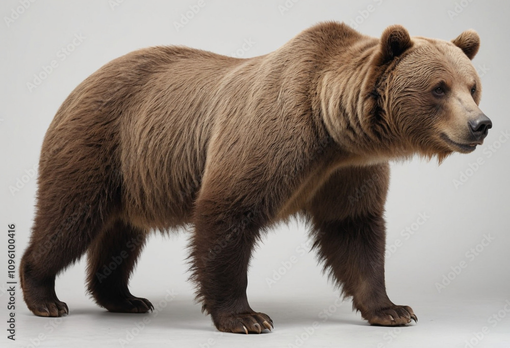 Fototapeta premium standard Grizzly Bear right side view. Full figure visible, flat white background, no shadows, head and legs visible, ultra detailed, photorealistic 400mm lens, low angle 