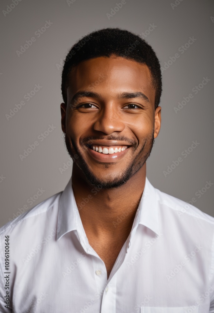 Portrait, young African American man, warm smile, white shirt, short hair, well-groomed beard, soft studio lighting, grey background, professional headshot, friendly expression, confident pose, natura Portrait, young African American man, warm smile, white shirt, short hair, well-groomed beard, soft studio lighting, grey background, professional headshot, friendly expression, confident pose, natura