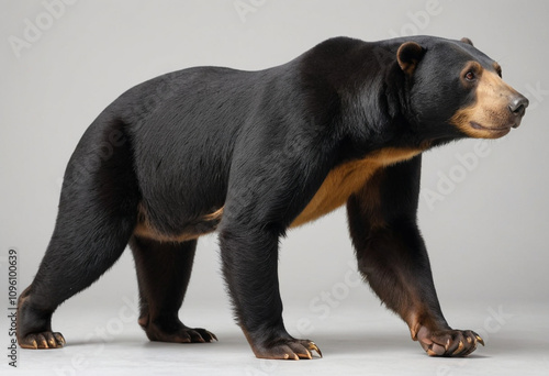  standard Sun Bear right side view. Full figure visible, flat white background, no shadows, head and legs visible, ultra detailed, photorealistic 400mm lens, low angle  photo