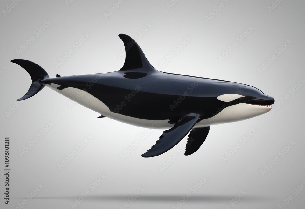 Fototapeta premium standard Orca (Killer Whale) right side view. Full figure visible, flat white background, no shadows, head and legs visible, ultra detailed, photorealistic 400mm lens, low angle 