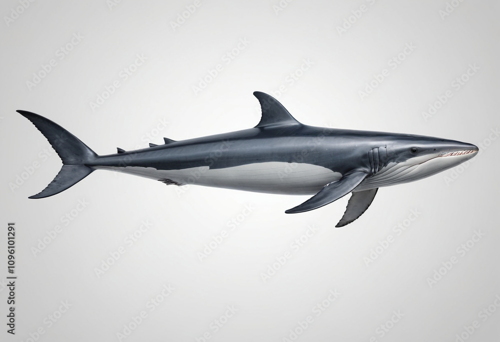 standard Fin Whale right side view. Full figure visible, flat white background, no shadows, head and legs visible, ultra detailed, photorealistic 400mm lens, low angle standard Fin Whale right side view. Full figure visible, flat white background, no shadows, head and legs visible, ultra detailed, photorealistic 400mm lens, low angle