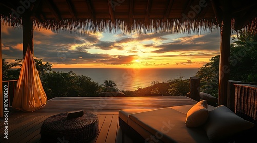 Scenic Tropical Ocean Sunset View from Luxurious Resort Patio   Generative AI