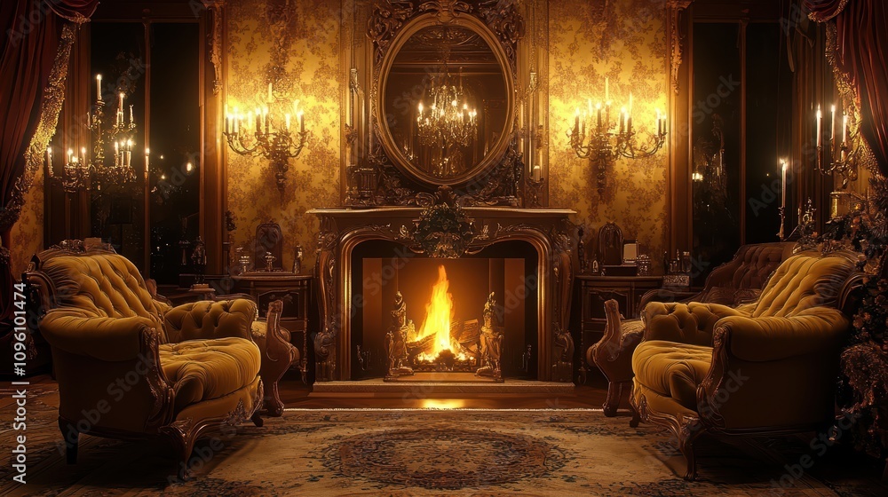 3D Render of a Luxurious Victorian Living Room with a Fireplace, Golden Accents, and Ornate Furniture 3D Render of a Luxurious Victorian Living Room with a Fireplace, Golden Accents, and Ornate Furniture