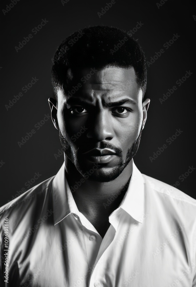 Black and white portrait, dramatic lighting, chiaroscuro, intense gaze, strong jawline, high contrast, serious expression, white collar shirt, studio photography, cinematic, emotional depth, masculine Black and white portrait, dramatic lighting, chiaroscuro, intense gaze, strong jawline, high contrast, serious expression, white collar shirt, studio photography, cinematic, emotional depth, masculine