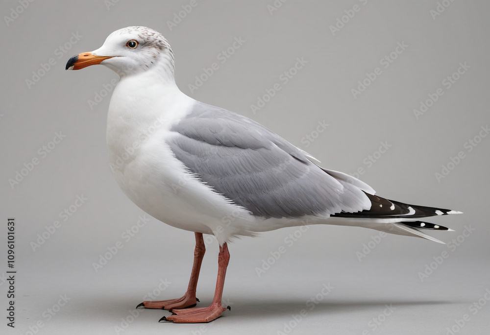 standard Seagull right side view. Full figure visible, flat white background, no shadows, head and legs visible, ultra detailed, photorealistic 400mm lens, low angle standard Seagull right side view. Full figure visible, flat white background, no shadows, head and legs visible, ultra detailed, photorealistic 400mm lens, low angle
