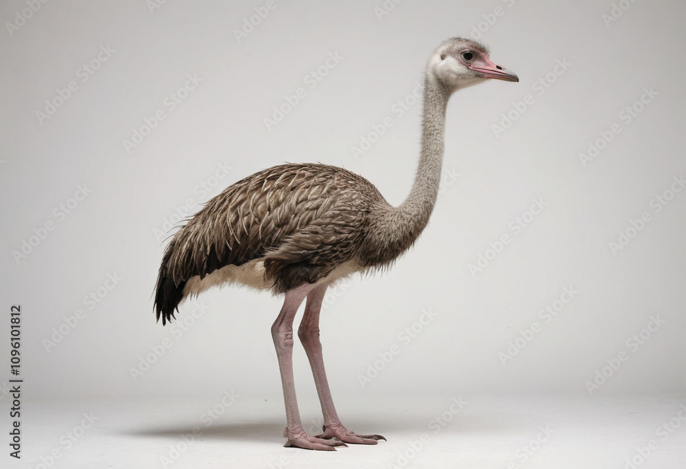 Fototapeta premium standard Ostrich right side view. Full figure visible, flat white background, no shadows, head and legs visible, ultra detailed, photorealistic 400mm lens, low angle 
